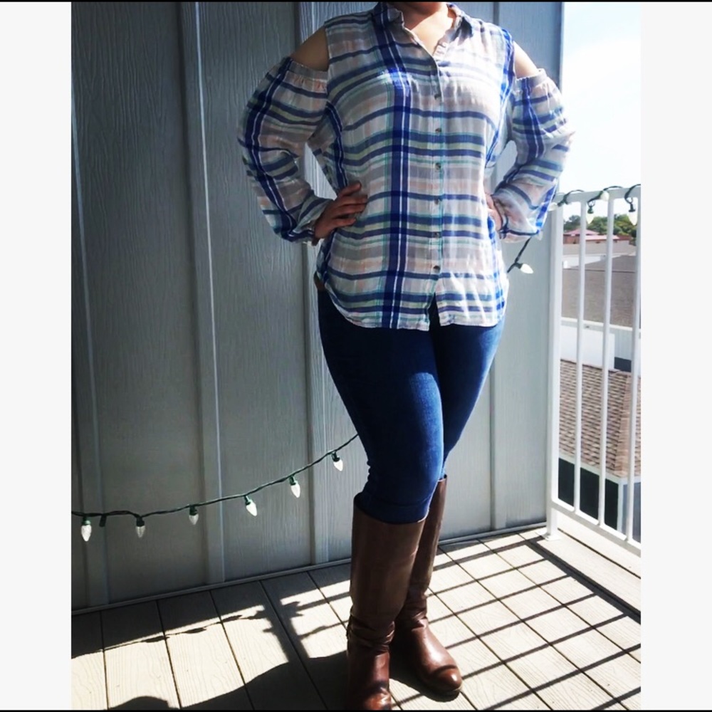 Plaid Cold Shoulder Button Up Blouse